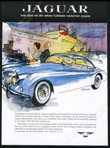 1957 Jaguar XK-150 GT hardtop coupe blue car Rene Bouche art vintage print ad - Picture 1 of 7