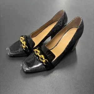 Zapatos de salón para mujer Tory Burch Jessa tacón bloque 3" estampado serpiente negro dorado talla 8 M - Imagen 1 de 11