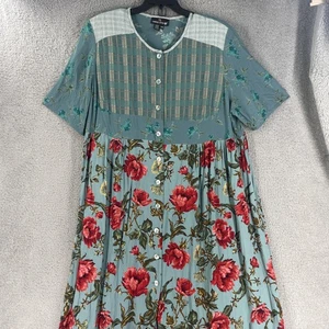 Carole Little Dress Womens 22W Rose Floral Plaid Button Front Boho Flowy Green - Picture 1 of 13