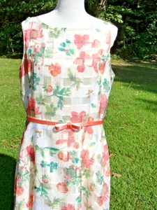 Danny & Nicole Peach, Green & Cream Dress with Adjustable Belt - NWT - Size 18 - Picture 1 of 4