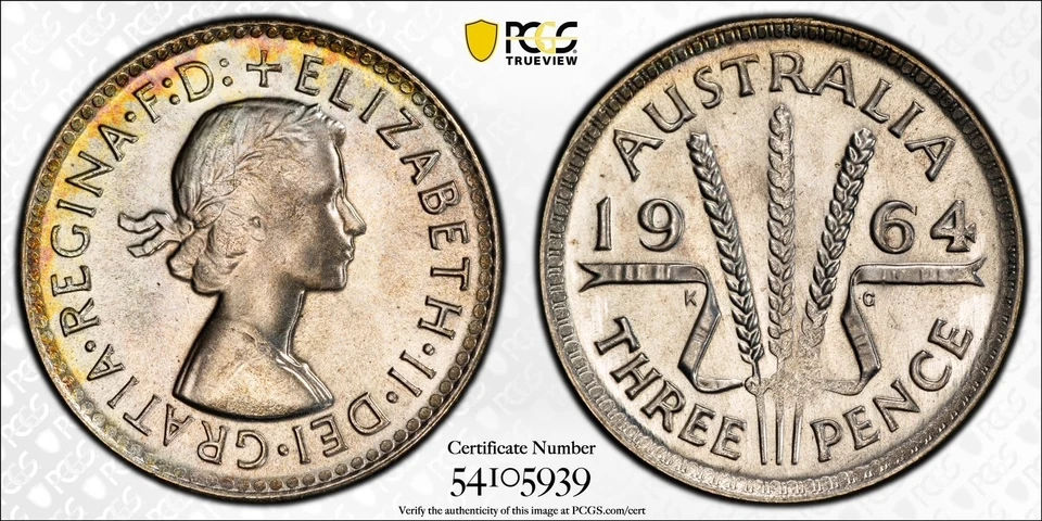 MS66 1964(m) Australia Silver 3 Pence, PCGS Trueview- Pretty Toned, Nice Luster - Image 1 of 4