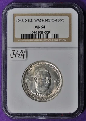 1948-d Booker T. Washington Half.  Commemorative.  In NGC Holder.  MS64.  L729 - Image 1 of 2