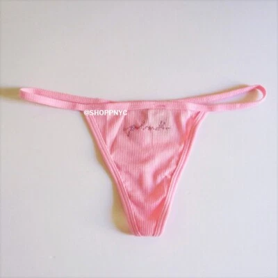PINK VICTORIA SECRET Cotton V-String Panty Thong L XL Pink Embellished Bling - Image 1 of 4