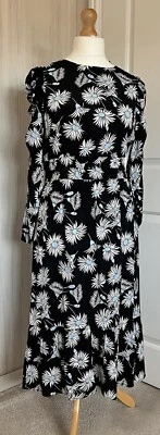 M&S Collection Midi Dress Size 12 Black Mix Floral Daisy Puff Sleeve Tiered - Image 1 of 4