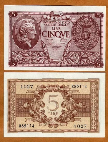 Italy, 5 Lire, 1944, P-31c, WWII UNC Cover