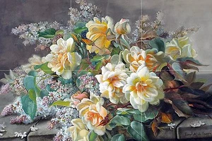 flores amarillas rosas y lilas azulejos mural baño pared salpicadero cerámica 18x12 - Imagen 1 de 1