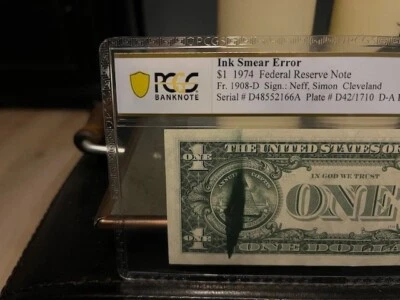 ERROR Note: INK SMEAR.  1974 $1 One Dollar FRN Note. D/A Block. PCGS 66 GEM 💎  - Image 1 of 3