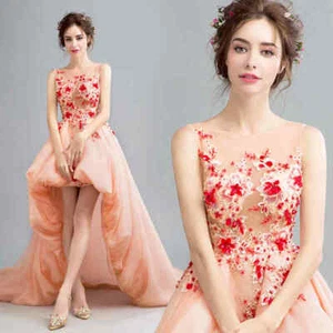 Sexy Damen Hochzeit Braut Kleid rosa Blumen ärmellos kurz vorne lang hinten - Bild 1 von 6