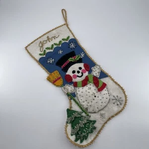 Vintage fertiger Weihnachtsstrumpf Schneemann Schmuck Filz Pailletten kitschig John - Bild 1 von 13