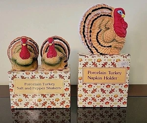 Vintage 3 Piece Russ Porcelain Turkey Salt & Pepper Shakers & Napkin Holder New - Picture 1 of 10