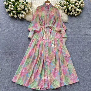 Mujeres Vestido Floral de Gasa Manga Larga Abullonada Playa Botón Boho Vacaciones Verano - Imagen 1 de 14