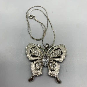 Vintage Silver Tone & Rhinestone Butterfly Choker Necklace 16” Chain - Picture 1 of 3