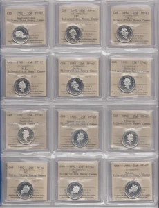 1992 Canada Proof Silver 25 Cent Quarter Set of 12 ICCS PF-67 Ultra Heavy Cameo - Picture 1 of 2