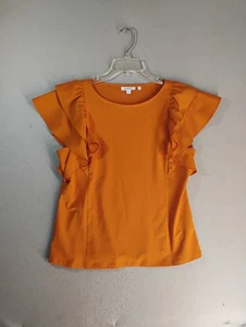 Chicos Womens To 1 8 Orange Flutter Sleeve Round Neck Solid Workwear Blouse - Picture 1 of 8