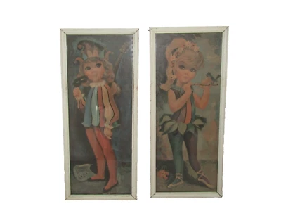 Vintage GOJI Lot Of 2 Mid Century Big Eyes Harlequin Children under Glass Framed - Image 1 of 4