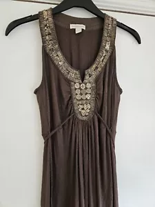 Size 10 Chocolate Beaded Brown Gold Bronze Tribal Embellished Maxi Long Dress - Picture 1 of 9