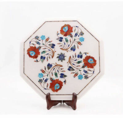15" Marble Table Top Semi Precious Stones Floral Inlaid Handmade Decor - Image 1 of 4