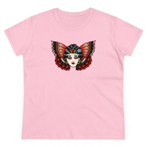 Para mujer American Tradicional Tatuaje Mariposa Cara Alas Camiseta Tinta Niña Cofre - Imagen 1 de 19