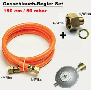 3m Gasschlauch + 50mbar Druckminderer + Übergang 1/2" R x 1/4" lks f. Gasgrill - Bild 1 von 8