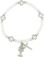 6.5" Girls First Communion White Cross Bead Bracelet, Religious Gifts