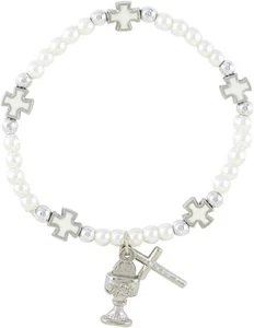 6.5" Girls First Communion White Cross Bead Bracelet, Religious Gifts - Picture 1 of 3