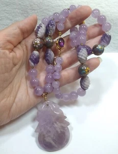 Vtg Chinese Carved Amethyst Quartz Enamel Cloisonne Bead Necklace Fancy Clasp - Picture 1 of 12