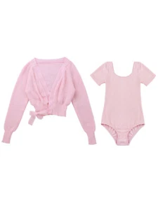 Kids Girls Bolero Shrug Bodysuit Leotard With Cardigan Ballroom Sports Set Top - Picture 1 of 28