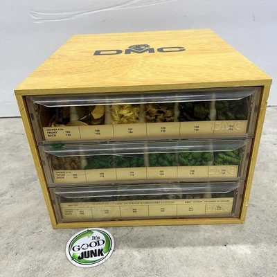 Vintage DMC Thread Floss Wooden Wood 3 Drawer Box Embroidery Storage W/Dividers - Image 1 of 4