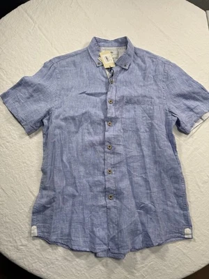 Report Collection Resort Soft Linen Short Sleeve Blue Button Down Shirt Medium  - Image 1 of 3