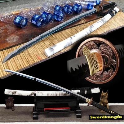 Hoja Azul Alto Manganeso Acero Flor Samurai Katana Espada Afilada Listo para Batalla Foto 1 de 4