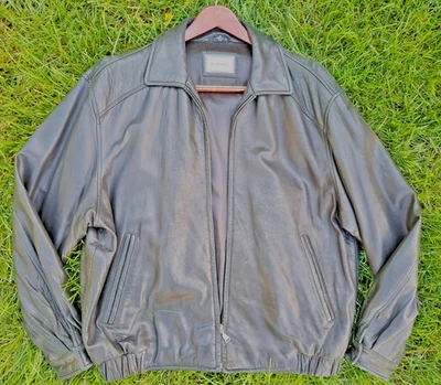 Chaqueta de bombardero de motociclista Hathaway 100 % cuero para hombre talla XL negra años 90 Y2K Foto 1 de 4