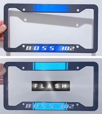 Reflective Blue Boss 302 Metal Carbon Fiber Look License Plate Frame - Image 1 of 4