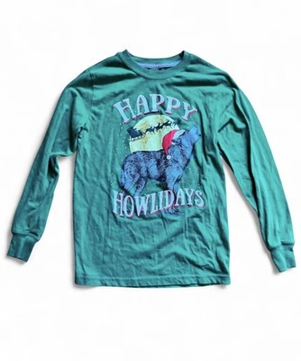 Holiday Time Boys Happy Howlidays Green Long Sleeved Tshirt With Wolf Size Large - Image 1 of 4