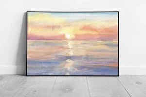 Pintura acuarela Sun Rising Over The Horizon paisaje marino suave en tonos pastel - Imagen 1 de 6