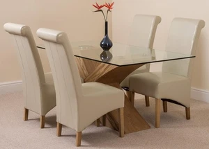 160x90cm Oak Glass Dining Table & 4 Ivory Leather Chairs - Modern Set - Picture 1 of 12