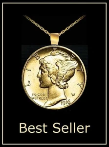 Vergoldete Quecksilber Groschen Halskette - Authentische Vintage US Münze Gold Anhänger - Bild 1 von 6