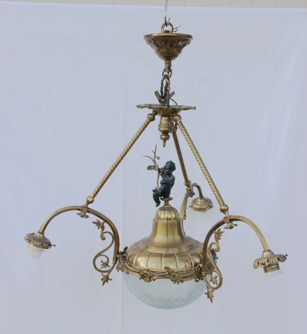Gorgeous French vintage Brass putti figural Chandelier pendant crystal coupe VSL Cover