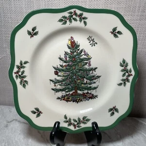Spode Christmas Tree green SQUARE Scalloped Salad Plate 9 Inch NEW WITH TAG - Picture 1 of 7