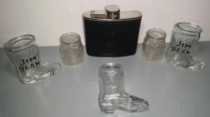 Jim Beam Shot Glass Set, Boot & Barrel Shape, 5oz Stainless Steel Flask, 6 Items - Picture 1 of 7
