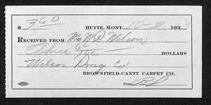Brownfield-Canty Carpet Co. t Butte Montana 1933 Billhead Briefkopf Wilson Droge - Bild 1 von 2