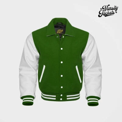 Chaqueta Universitaria Profesional Cuerpo Verde Mangas Blancas Letterman Béisbol Colegio Bombardero Foto 1 de 4