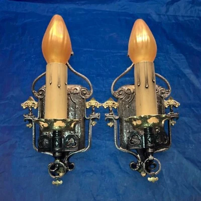 Pair of high quality heavy brass Spanish revival antique sconces Halcolite 24C - Image 1 of 4