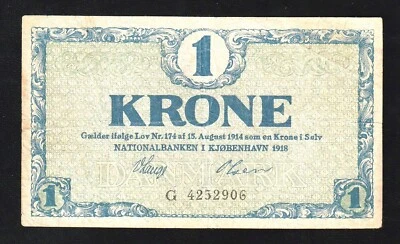 Denmark DENMARK NATIONALBANKEN Banknote 1 KRONE 1914- 1918 ,P12 , BANKNOTE - Image 1 of 2