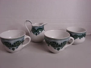 set of 4 Bavarian German china 2 teacups creamer sugar bowl green floral - Picture 1 of 9