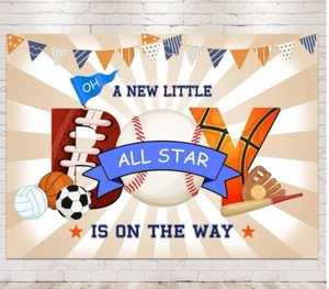 Sports Baby Shower Backdrop - fabric 7x5 football baseball basketball NEW - Picture 1 of 3