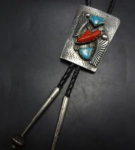 RICHARD HENRY YAZZIE Vintage NAVAJO Sterling Silver TURQUOISE CORAL BOLO Tie - Picture 1 of 18