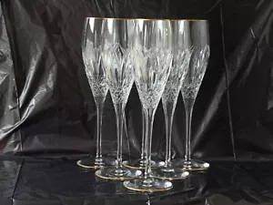 6 x De Lamerie Crystal Cut Glass Gold Rim & Gold Base Champagne Flutes 10" - Picture 1 of 22
