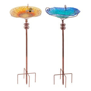 Brightly Colored Glass Bird Bath Outdoor Bird Feeder w/ Metal Stake Garden Decor - Picture 1 of 18