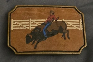 1970s Vintage BTS Brass & Leather Cowboy Rodeo Bull Wrestling Belt Buckle - Picture 1 of 3