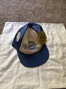 Vtg UAW Strapback Mesh Cap Hat Blue/White w 3 Pins “Don’t Go To Work Without It” - Picture 1 of 10